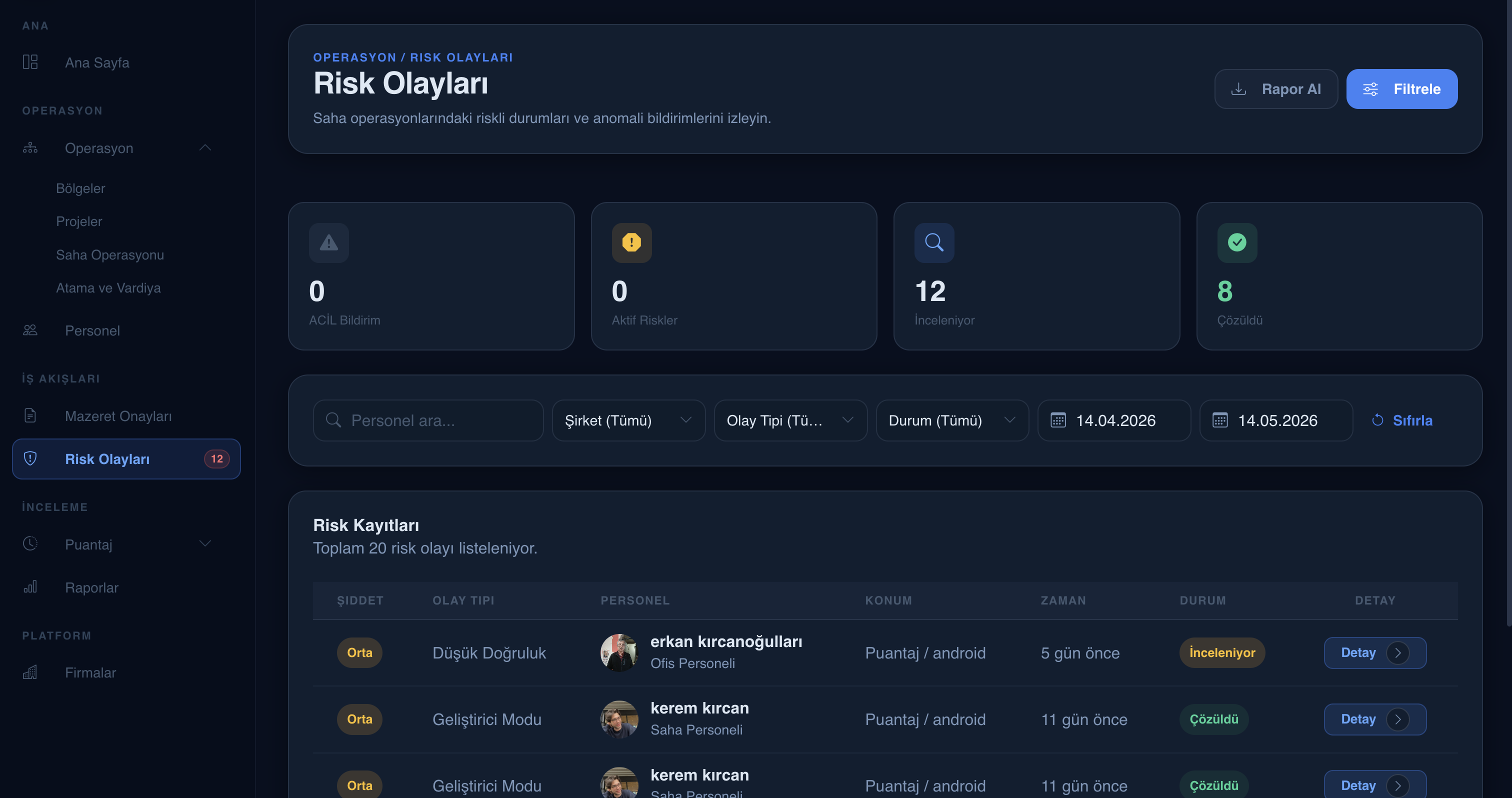 SentinelFlow risk olayları ekranı